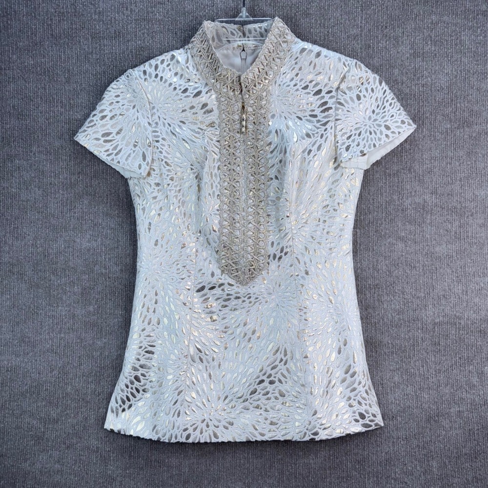 New Lilly Pulitzer Kerry Top Gold Metallic Lagoon Jacquard Front Back Zip 00 XXS